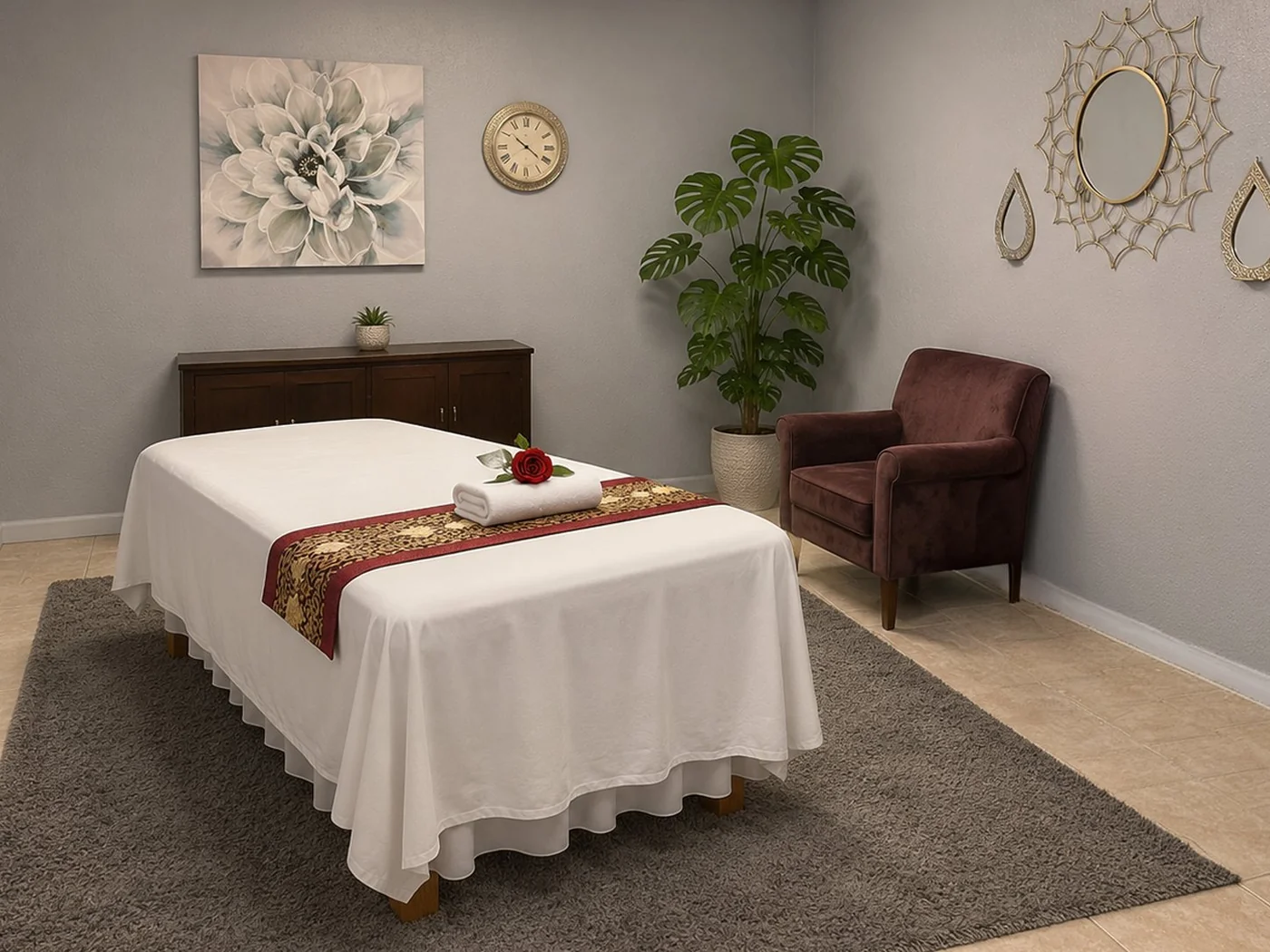 MC Spa Massage Friendswood massage room with lotus art